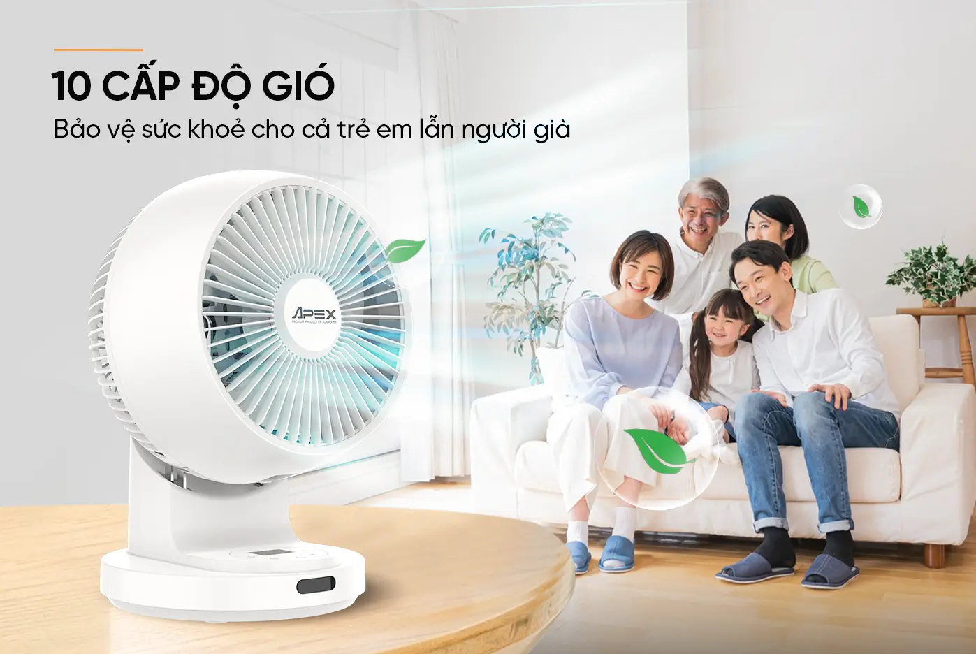Quạt mini SUNHOUSE APF7316W với 10 cấp độ gió trong không gian phòng khách