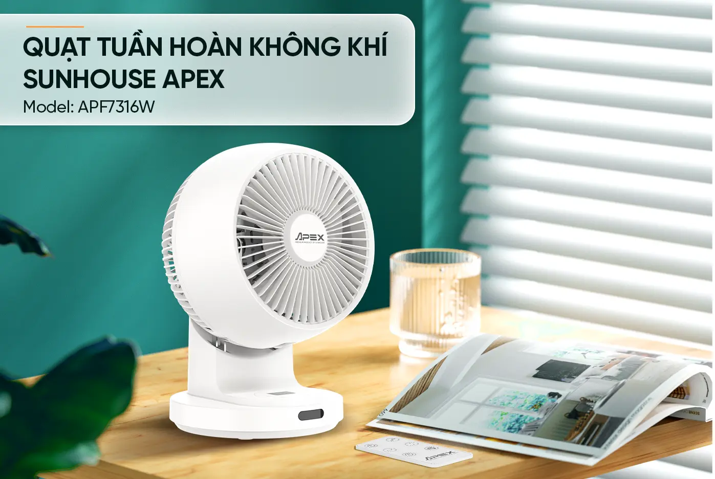 Quạt mini SUNHOUSE APF7316W đặt trên bàn
