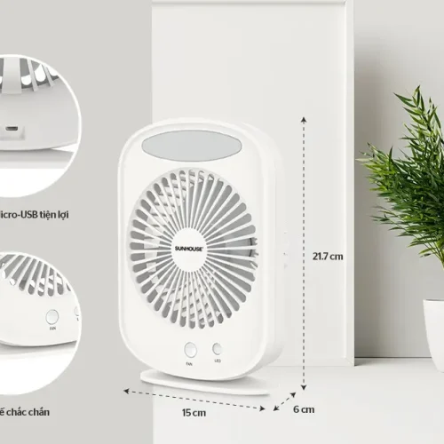 Quạt sạc mini SUNHOUSE SHD7110 7W màu trắng kèm kích thước và cổng Micro-USB