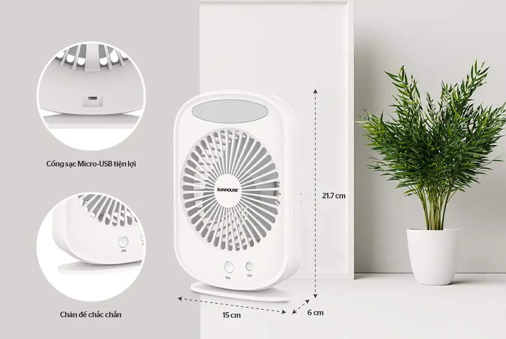 Quạt sạc mini SUNHOUSE SHD7110 7W màu trắng kèm kích thước và cổng Micro-USB