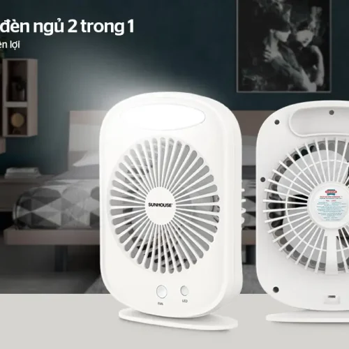 Quạt sạc SUNHOUSE SHD7110 màu trắng tích hợp đèn ngủ, hiển thị mặt trước và mặt sau