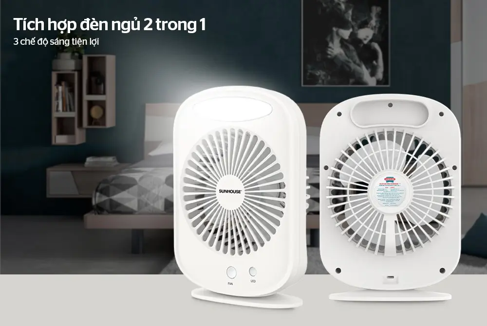 Quạt sạc SUNHOUSE SHD7110 màu trắng tích hợp đèn ngủ, hiển thị mặt trước và mặt sau
