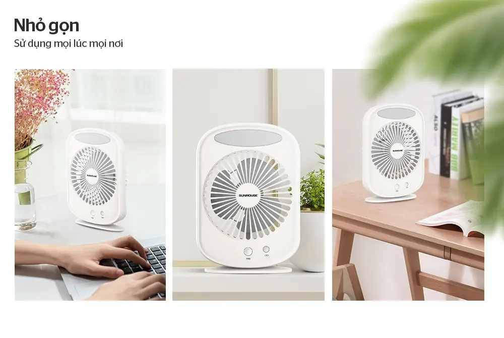 Quạt sạc SUNHOUSE SHD7110 nhỏ gọn sử dụng trên bàn làm việc