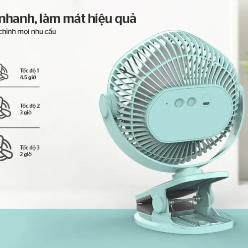 Mặt sau quạt sạc SUNHOUSE SHD7111 màu xanh có chân kẹp và cổng sạc