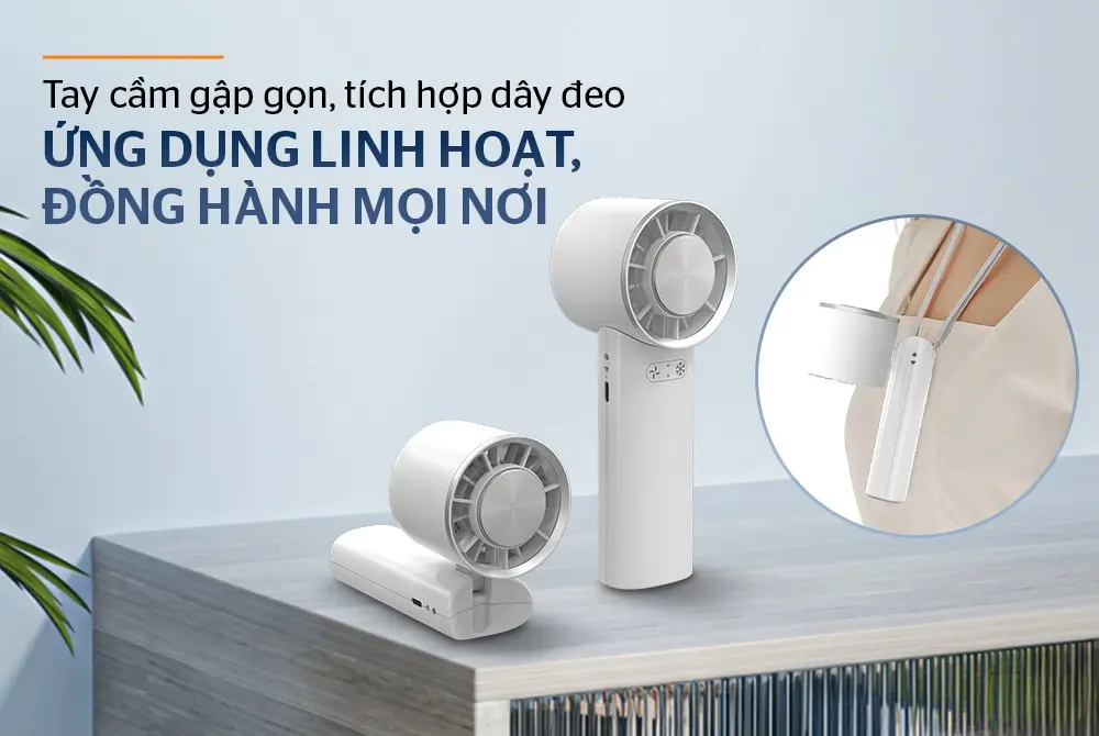 Quạt sạc SUNHOUSE SHD7113 7.4W mini với tay cầm gập gọn và dây đeo
