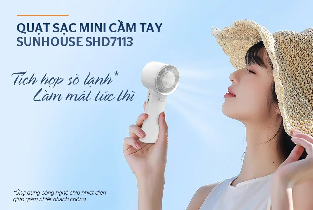 Quạt sạc mini cầm tay SUNHOUSE SHD7113 tích hợp sò lạnh làm mát