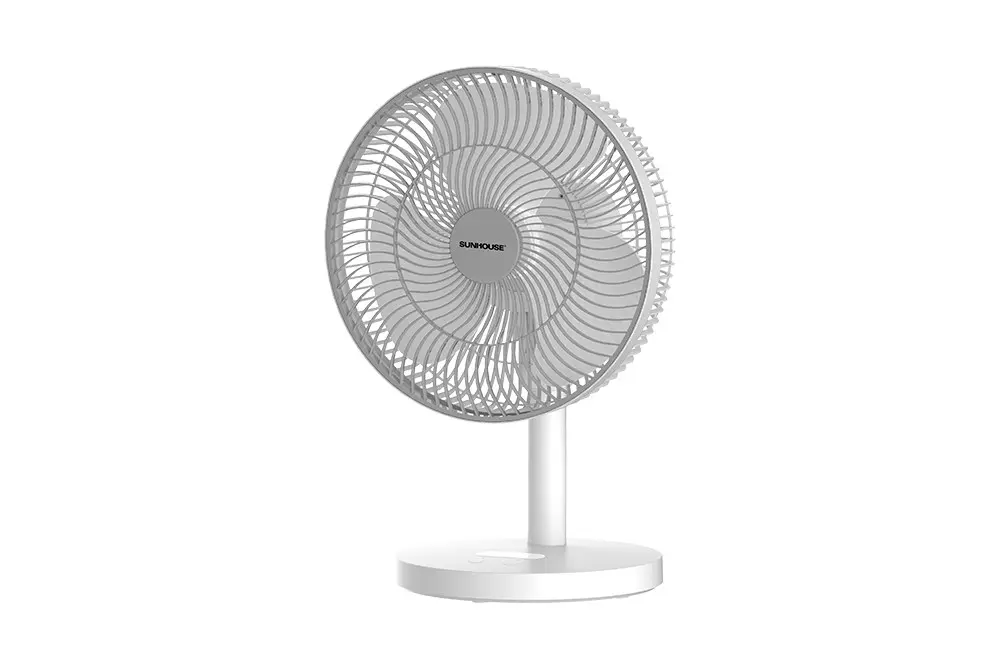 Quạt sạc SUNHOUSE SHD7115 15W chính diện với thân và đế màu trắng
