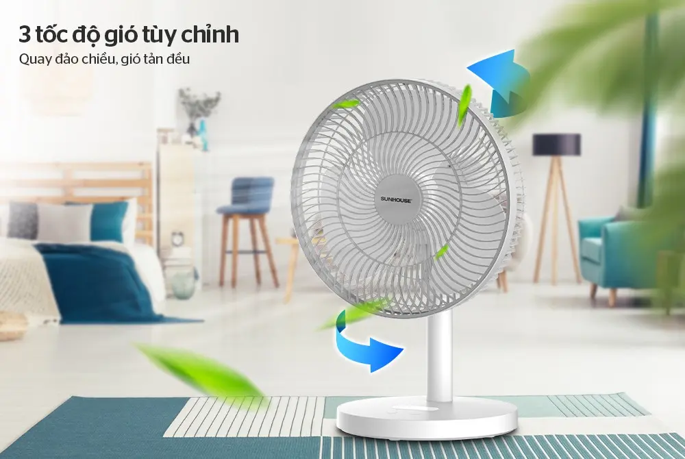 Quạt sạc SUNHOUSE SHD7115 15W quay đảo chiều với 3 tốc độ gió tùy chỉnh