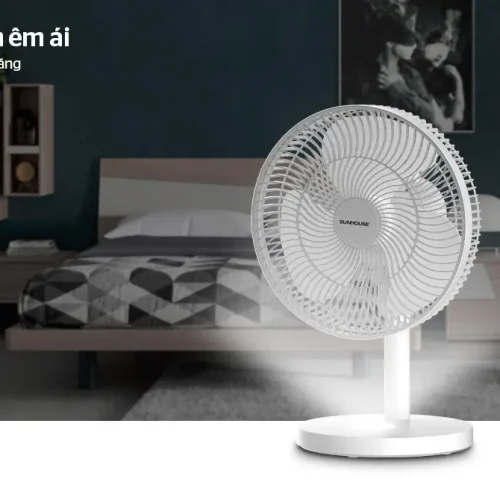 Quạt sạc SUNHOUSE SHD7115 15W màu trắng vận hành trong phòng ngủ