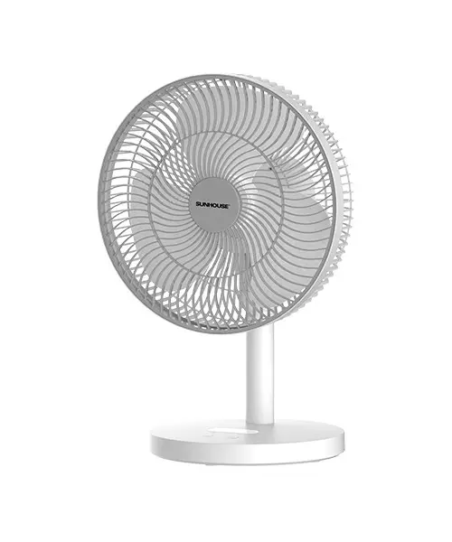 Quạt sạc SUNHOUSE SHD7115 15W góc nghiêng làm nổi bật lồng quạt màu trắng