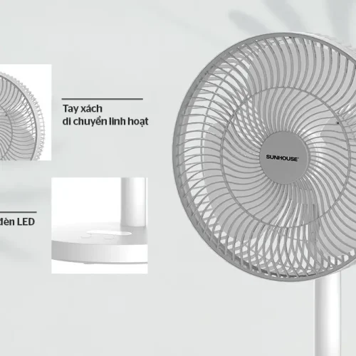 Quạt sạc SUNHOUSE SHD7115 15W với lồng quạt, tay xách linh hoạt và đèn LED tích hợp