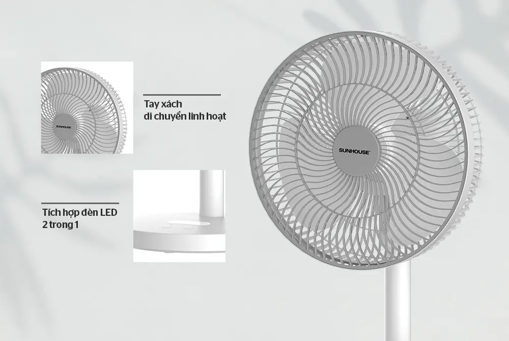 Quạt sạc SUNHOUSE SHD7115 15W với lồng quạt, tay xách linh hoạt và đèn LED tích hợp