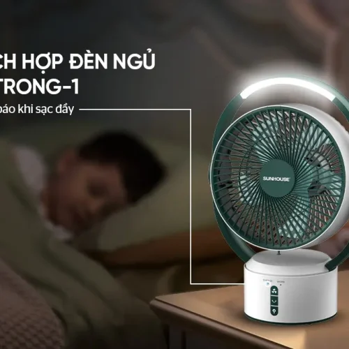 Quạt sạc SUNHOUSE SHD7116 25W tích hợp đèn ngủ sử dụng trên bàn đầu giường