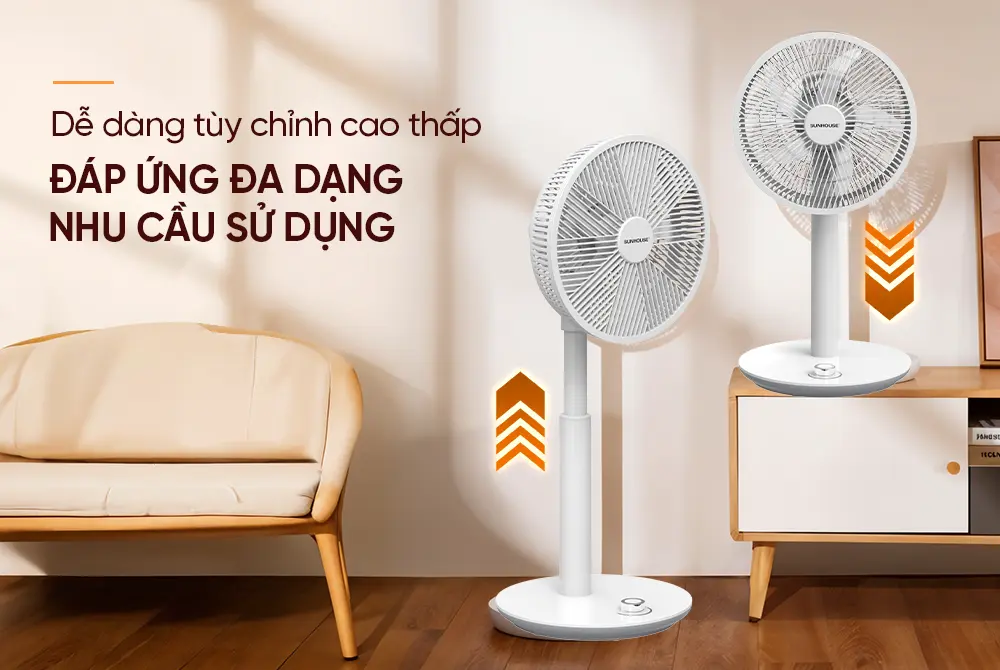 Quạt sạc SUNHOUSE SHD7221 15W điều chỉnh độ cao linh hoạt
