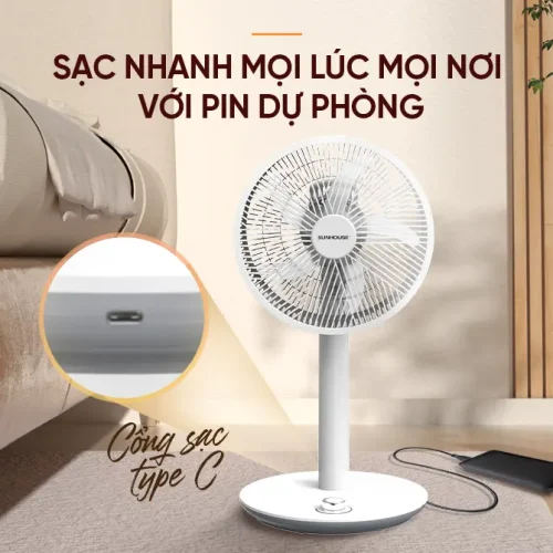 Quạt sạc SUNHOUSE SHD7221 15W hỗ trợ sạc Type-C và pin dự phòng