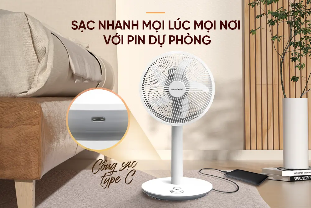 Quạt sạc SUNHOUSE SHD7221 15W hỗ trợ sạc Type-C và pin dự phòng