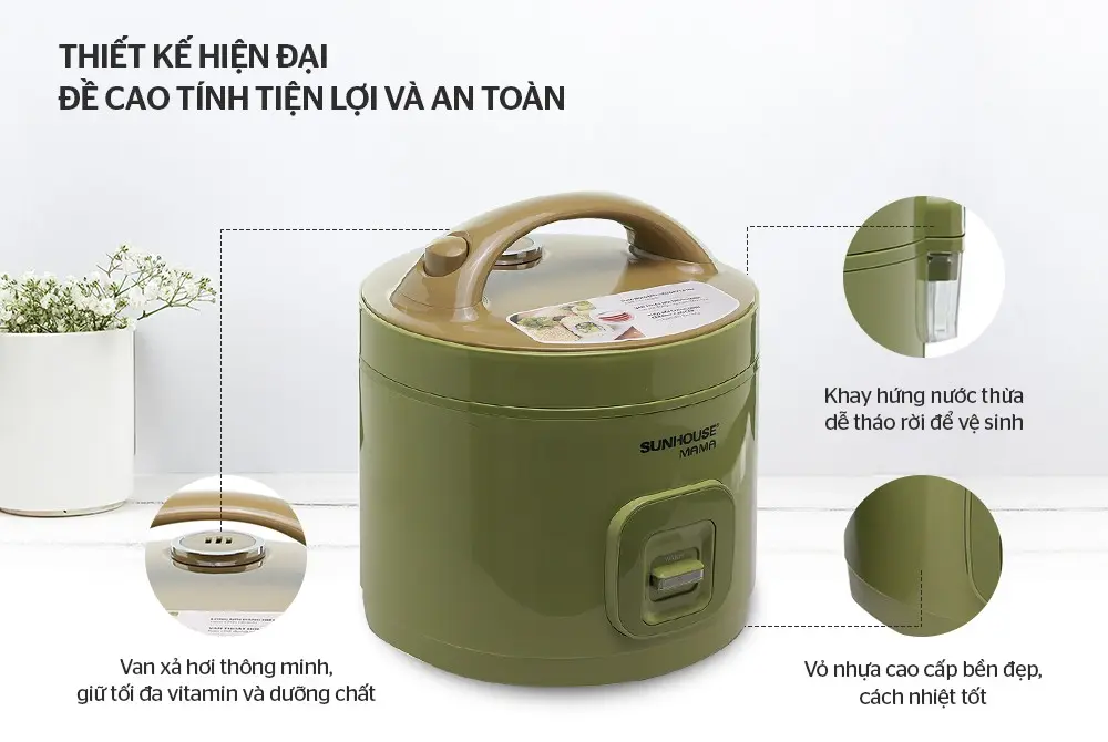 Thiết kế nồi cơm điện SUNHOUSE SHD8265G 1.2 lít có van xả hơi thông minh