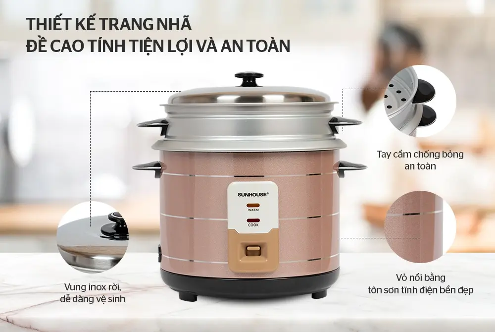 Thiết kế vung inox và tay cầm chống bỏng của nồi cơm điện SUNHOUSE SHD8135
