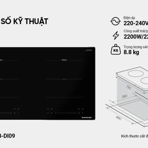 Thông số kỹ thuật bếp điện từ đôi SUNHOUSE SHB-DI09 công suất 2200W mỗi vùng nấu