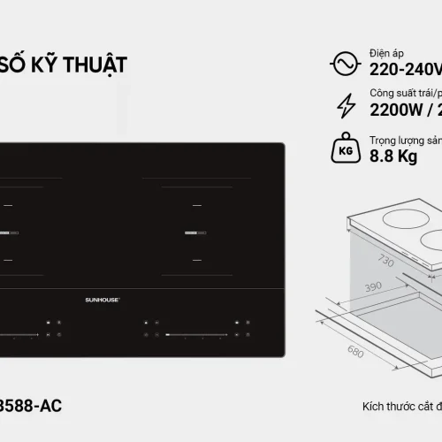 Thông số kỹ thuật bếp điện từ đôi SUNHOUSE SHB588-AC công suất 2200W mỗi vùng nấu