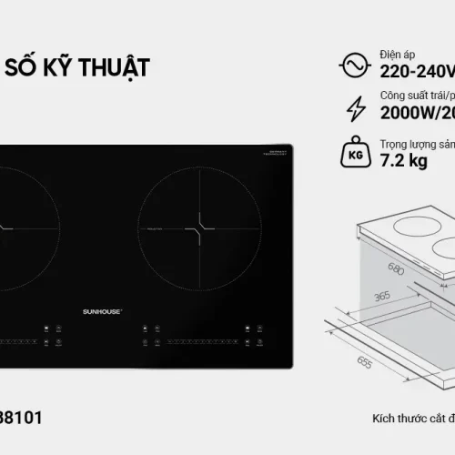 Thông số kỹ thuật bếp điện từ đôi SUNHOUSE SHB8101 công suất 2000W mỗi vùng nấu