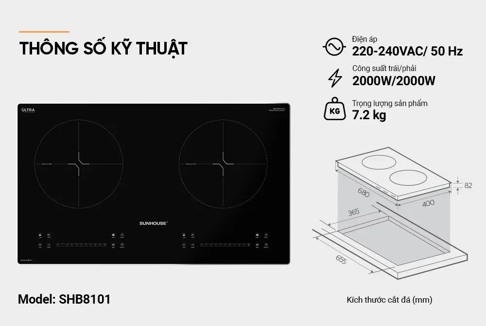 Thông số kỹ thuật bếp điện từ đôi SUNHOUSE SHB8101 công suất 2000W mỗi vùng nấu