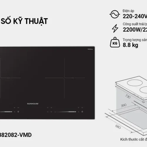 Thông số kỹ thuật bếp điện từ đôi SUNHOUSE SHB82082-VMD công suất 2200W mỗi vùng nấu