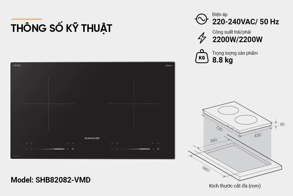 Thông số kỹ thuật bếp điện từ đôi SUNHOUSE SHB82082-VMD công suất 2200W mỗi vùng nấu