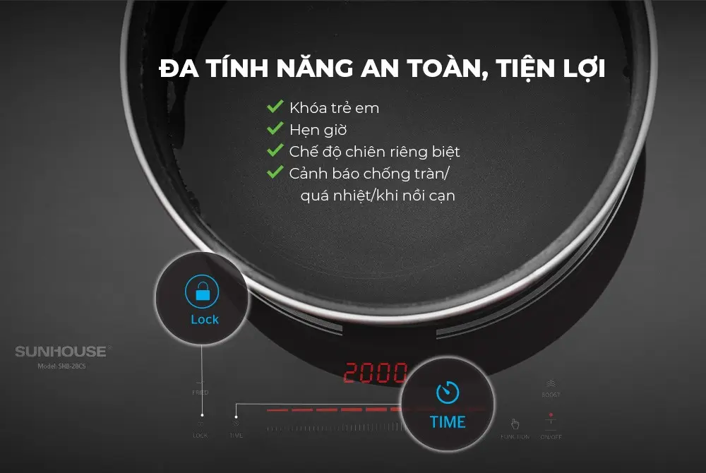 Tính năng khóa trẻ em và hẹn giờ của bếp điện từ đôi SUNHOUSE SHB-28CS