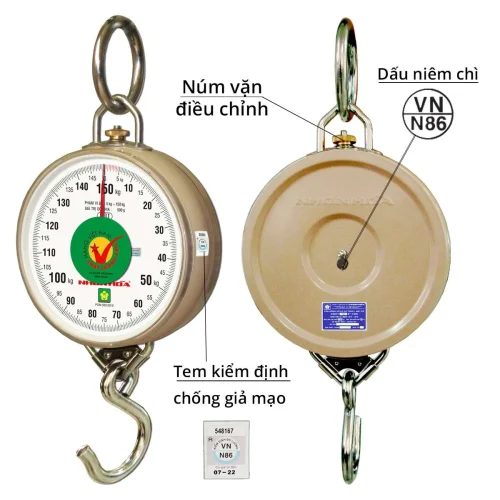 Cân treo Nhơn Hòa 150kg mặt trước và mặt sau có dấu niêm chì
