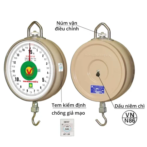 Cân treo Nhơn Hòa 15kg mặt số với tem kiểm định và núm điều chỉnh