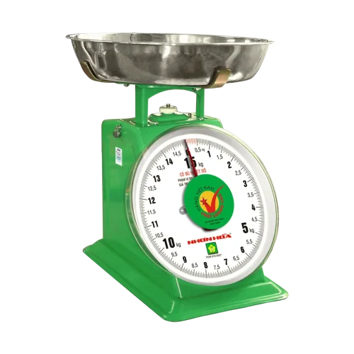 Cân đồng hồ Nhơn Hòa 15kg mặt số tròn, đĩa cân inox
