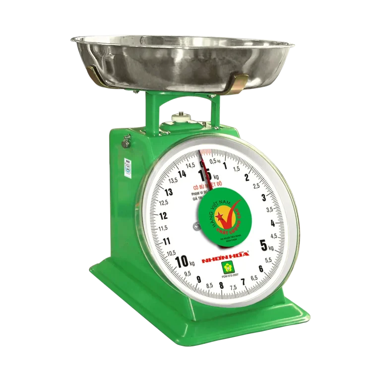 Cân đồng hồ Nhơn Hòa 15kg mặt số tròn, đĩa cân inox