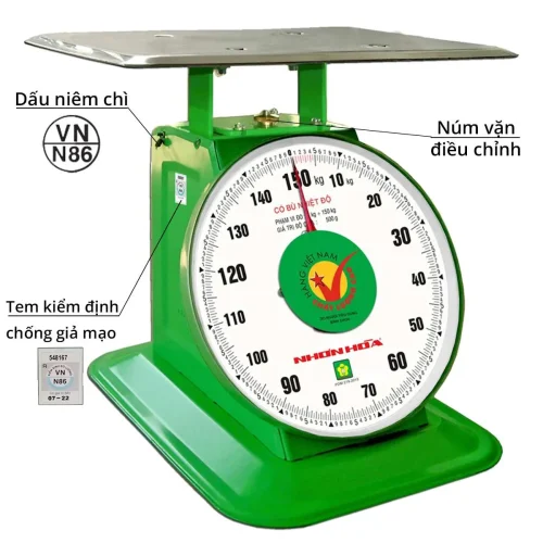 Chi tiết cân Nhơn Hòa 150kg mặt số đồng hồ, dấu niêm chì và núm điều chỉnh