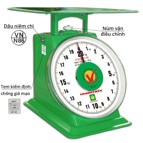 Chi tiết cân Nhơn Hòa 20kg mặt số đồng hồ, dấu niêm chì và núm điều chỉnh
