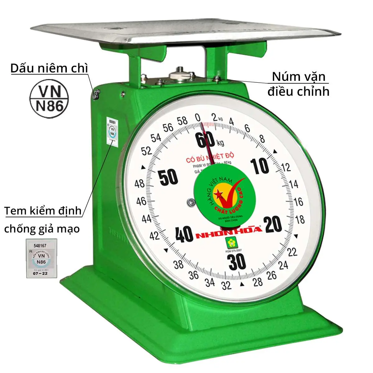 Chi tiết cân Nhơn Hòa 60kg mặt số đồng hồ, dấu niêm chì và núm điều chỉnh